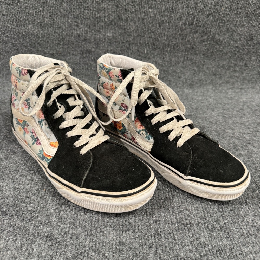 Vans Sk8-Hi High Top Sneakers Black Floral Rose Suede Canvas Women Size 7